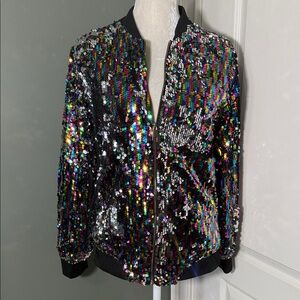 Cresay Sequin Bomber Jacket Rainbow Metallic Zip Up Size M